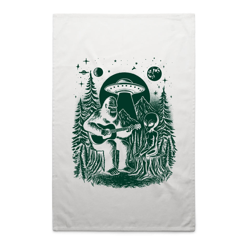 Bigfoot And Alien Playing Guitar - AS Colour Tea Towel White One Size Tea Towel Music Printed In Australia Sci Fi