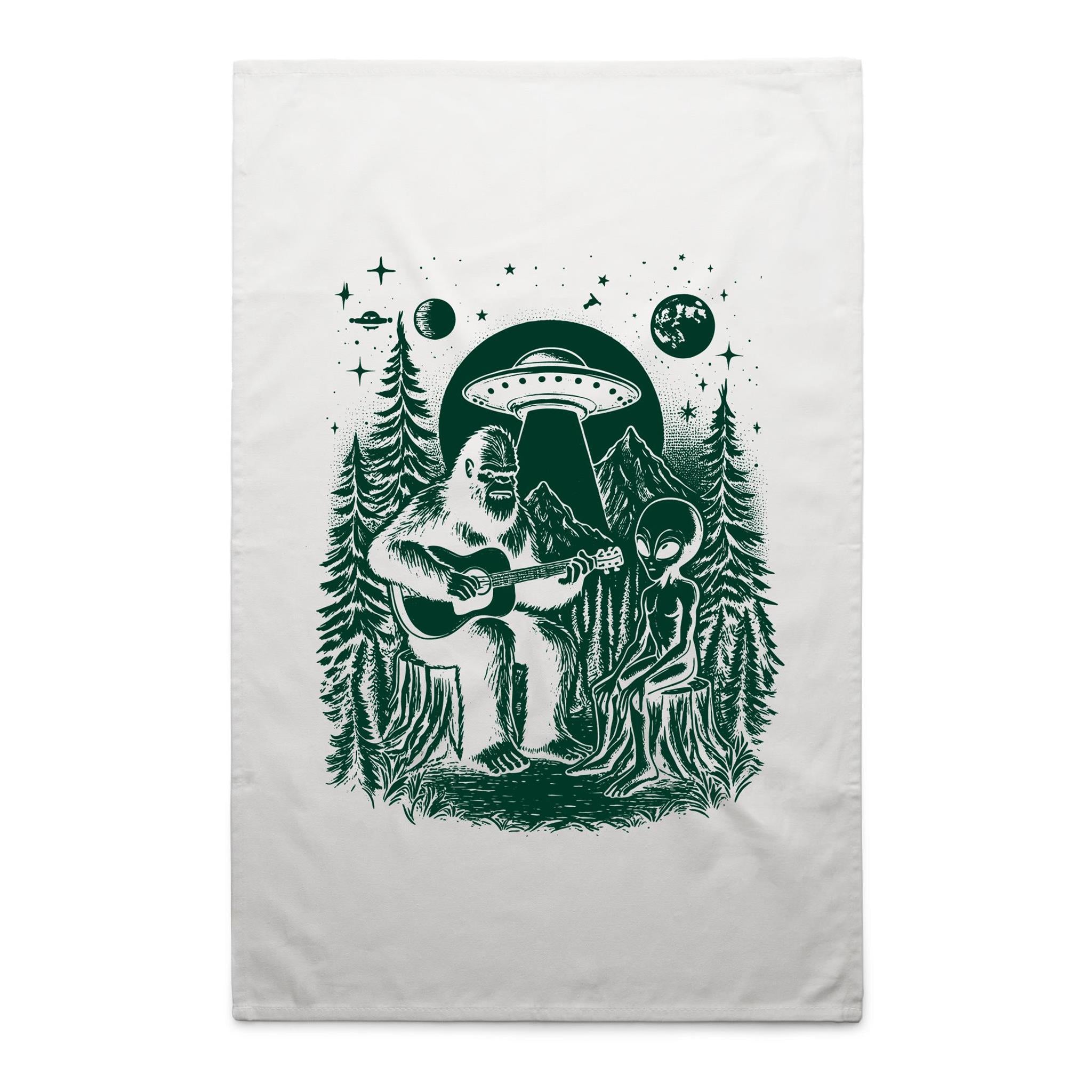 Bigfoot And Alien Playing Guitar - AS Colour Tea Towel White One Size Tea Towel Music Printed In Australia Sci Fi