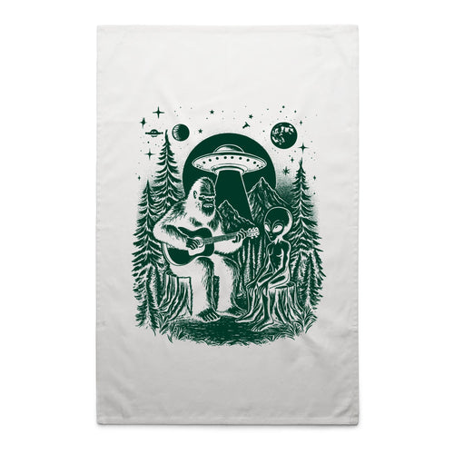 Bigfoot And Alien Playing Guitar - AS Colour Tea Towel White One Size Tea Towel Music Printed In Australia Sci Fi