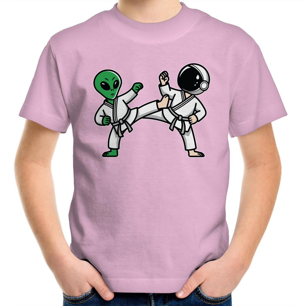 Alien And Astronaut Karate - Kids Youth T-Shirt Pink Kids Youth T-shirt Printed In Australia Sci Fi Space