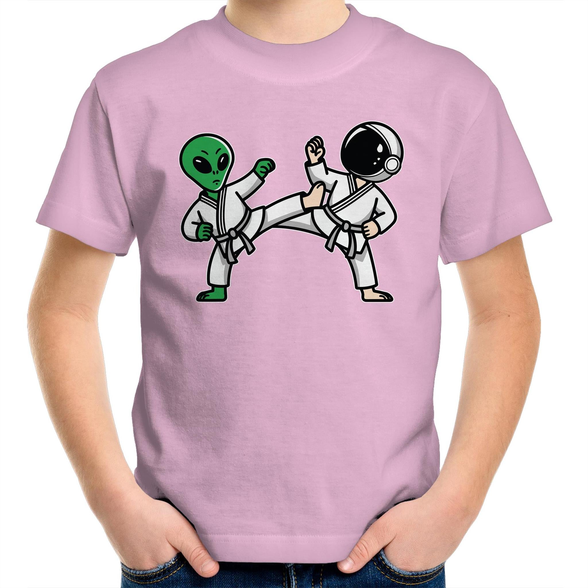 Alien And Astronaut Karate - Kids Youth T-Shirt Pink Kids Youth T-shirt Printed In Australia Sci Fi Space
