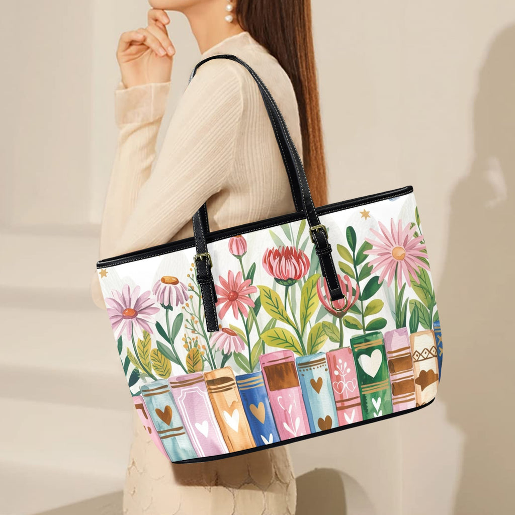 Books, Flowers And Butterflies - Leather Tote Bag-Large