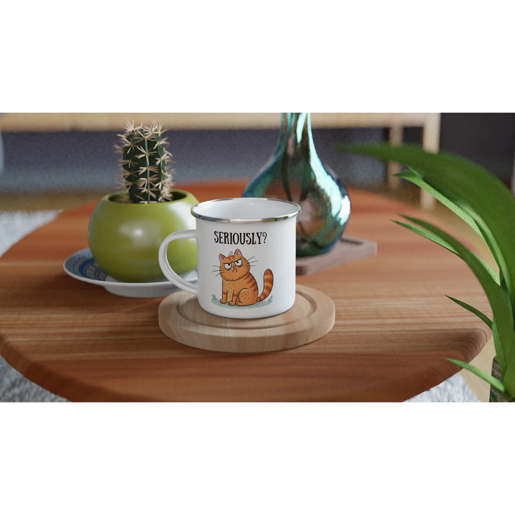 Cat Seriously? - White 12oz Enamel Mug Enamel Mug animal Globally Fulfilled