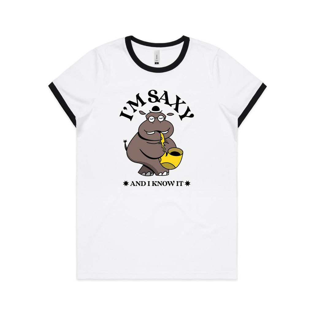 I'm Saxy And I Know It, Hippo Trumpet Player - Women's Ringer Tee White Black Womens Ringer T-shirt animal Music Printed In Australia