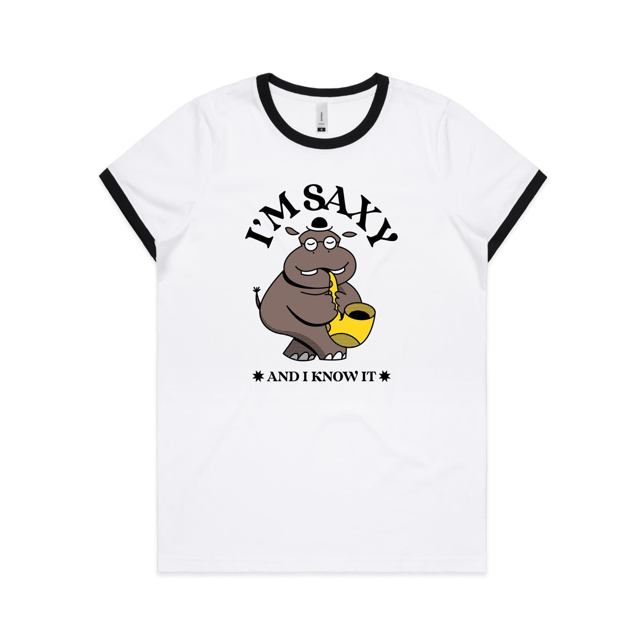 I'm Saxy And I Know It, Hippo Trumpet Player - Women's Ringer Tee White Black Womens Ringer T-shirt animal Music Printed In Australia