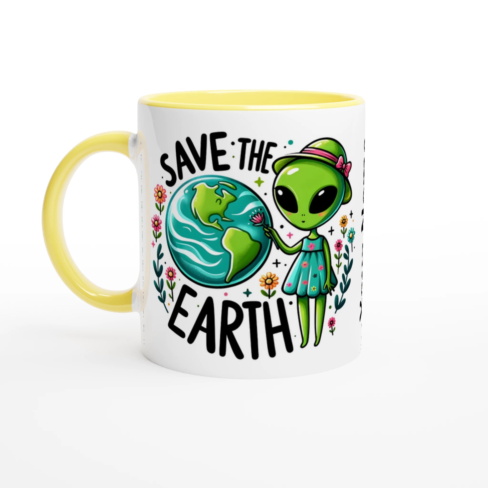 Personalised - Save The Earth, Alien - 11oz Ceramic Mug Ceramic Yellow Personalised Mug customise Environment Globally Fulfilled personalise Sci Fi