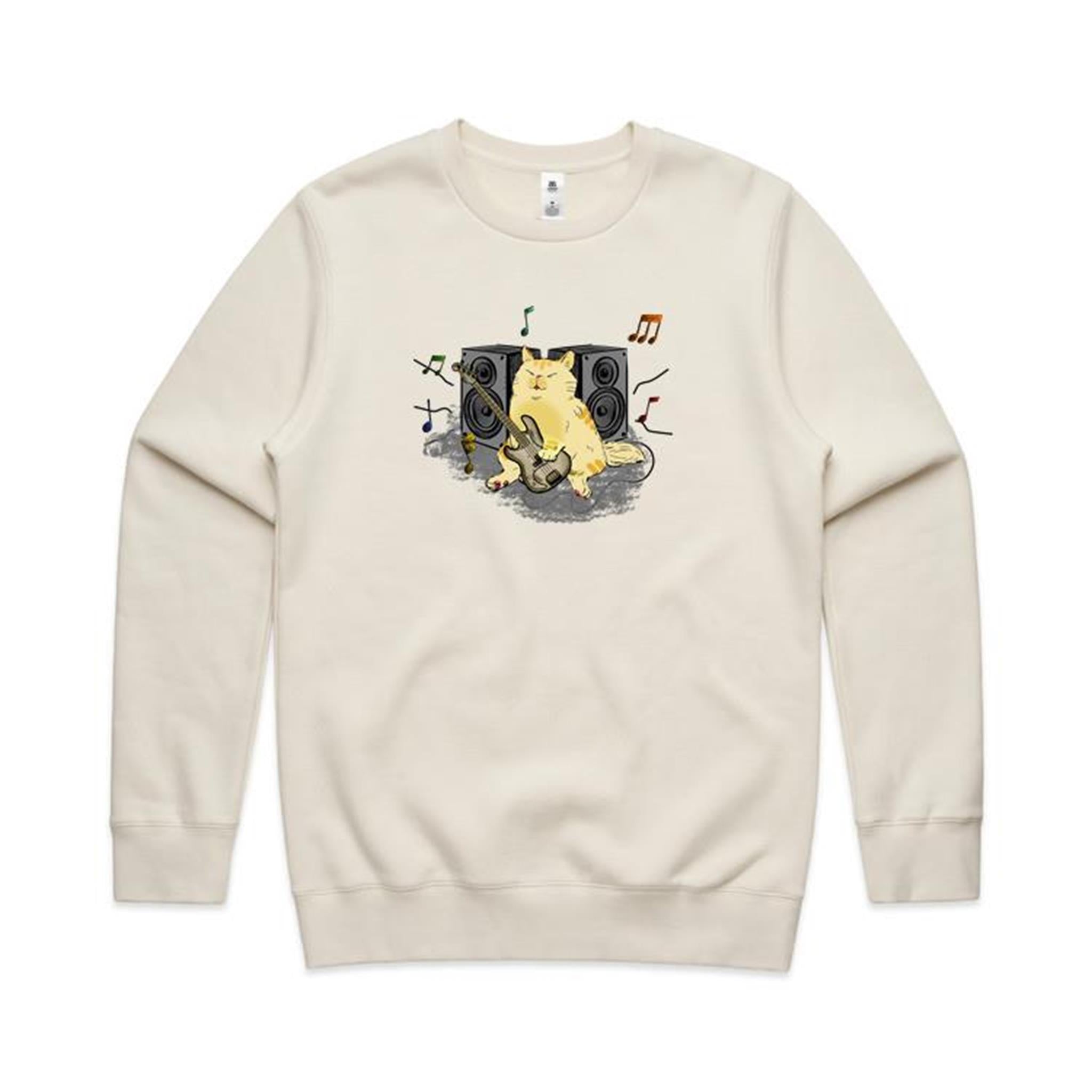 Cat Bass Player - AS Colour Stencil Crew Ecru Sweatshirt animal Music Printed In Australia