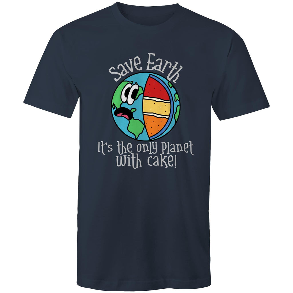 Save Earth, It's The Only Planet With Cake - Mens T-Shirt Navy Mens T-shirt Environment Food Printed In Australia