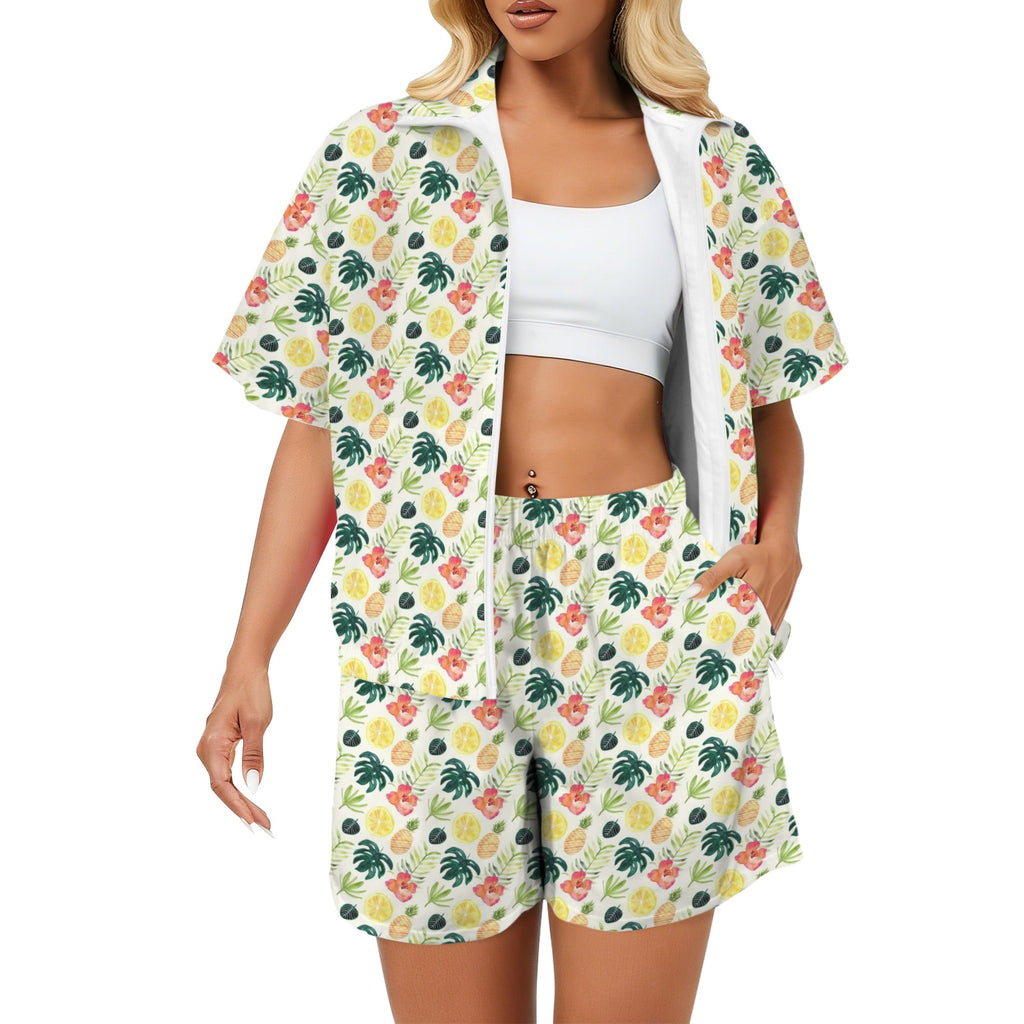 Pineapple Tropical Women's Windbreaker Short Set 2XL Women's Windbreaker Short Set Food Printed Offshore