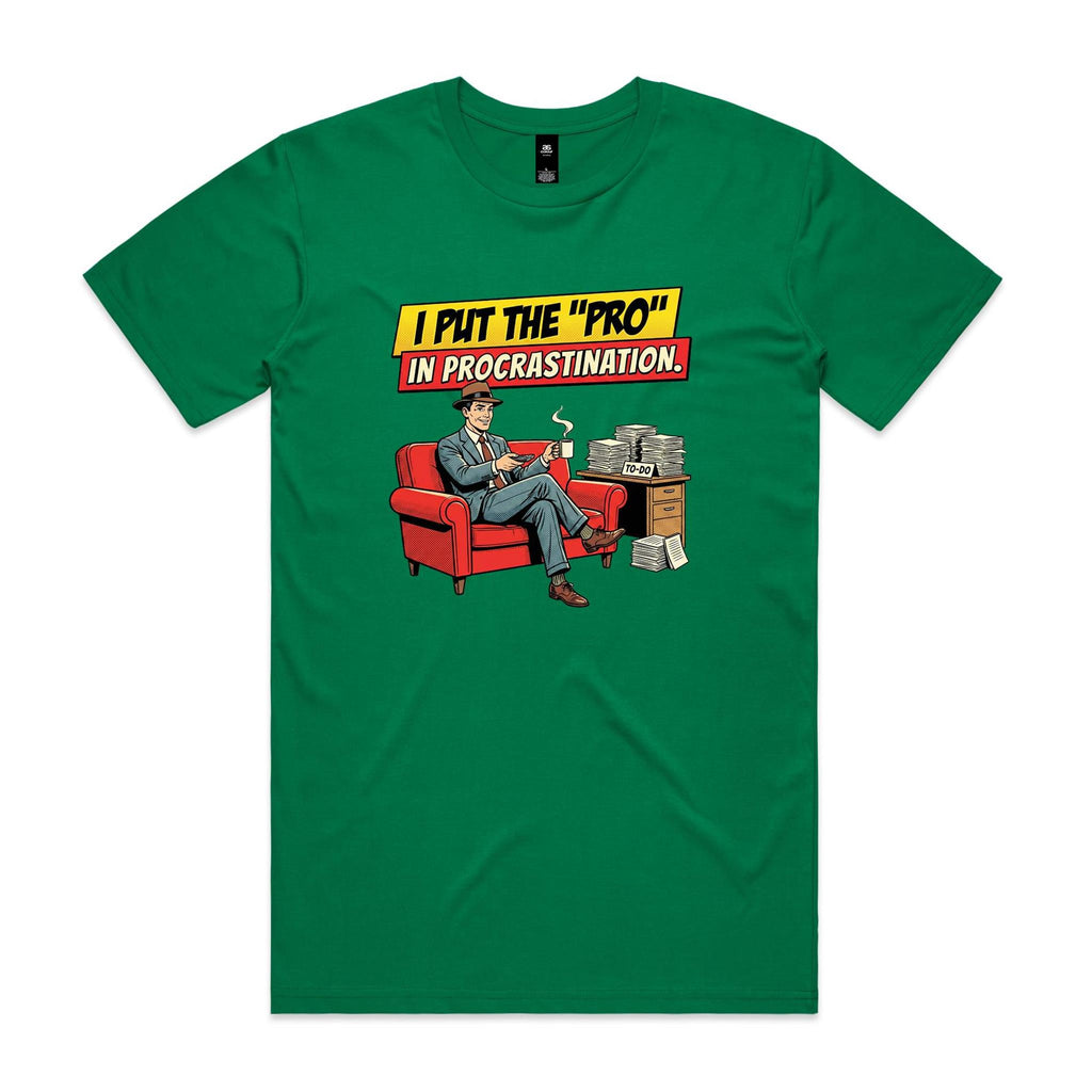 I Put The Pro In Procrastination, Retro Gentleman Men's AS Colour T-shirt Kelly Green Mens T-shirt comic Printed In Australia