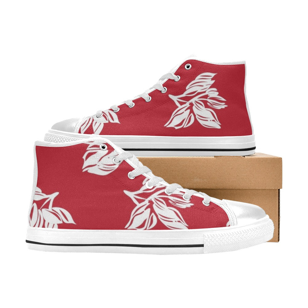 Red Retro Foliage, Hawaiian Flower - Kids High Top Canvas Shoes