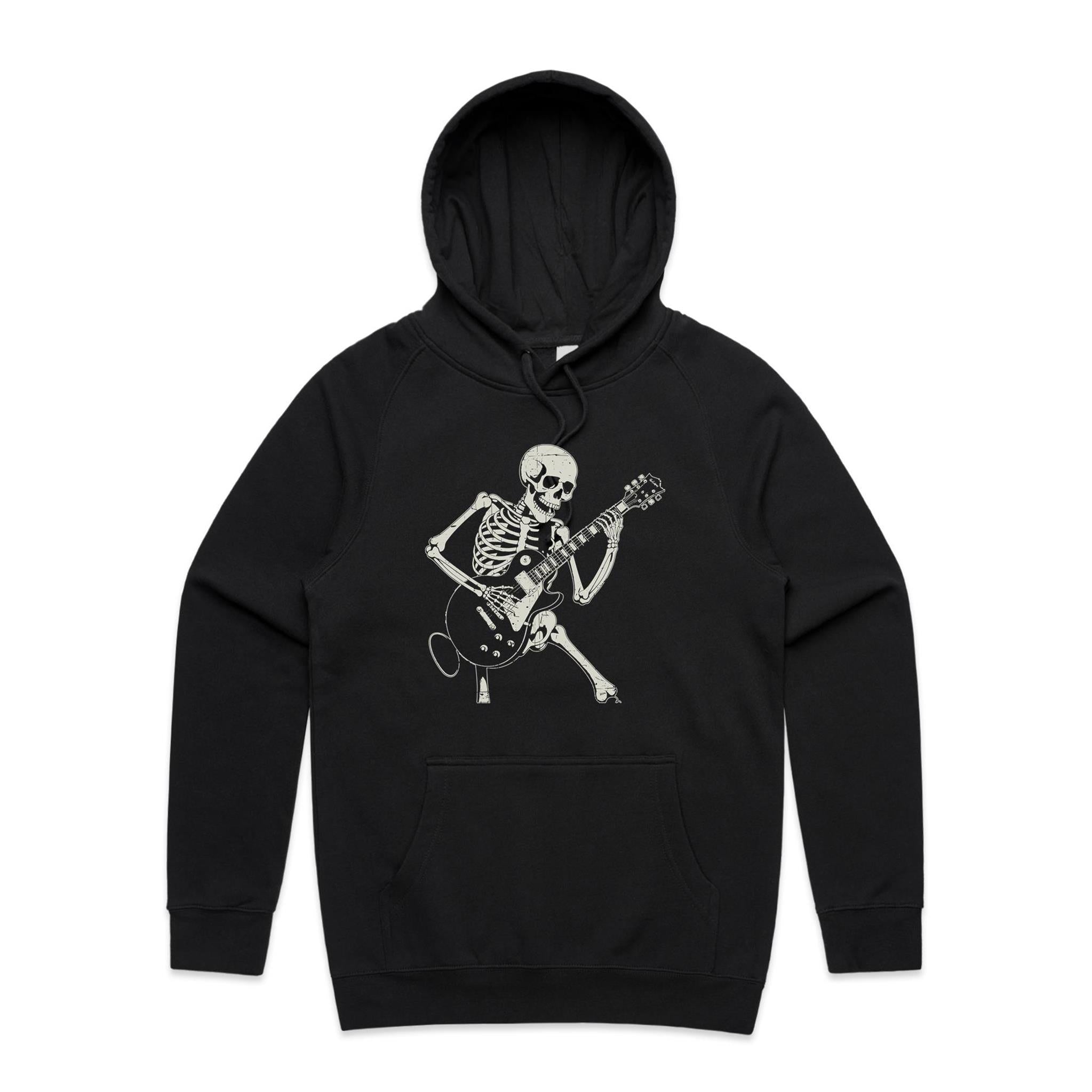 Skeleton Playing Guitar Men's AS Colour Hoodie Black Mens Hoodie Music Printed In Australia