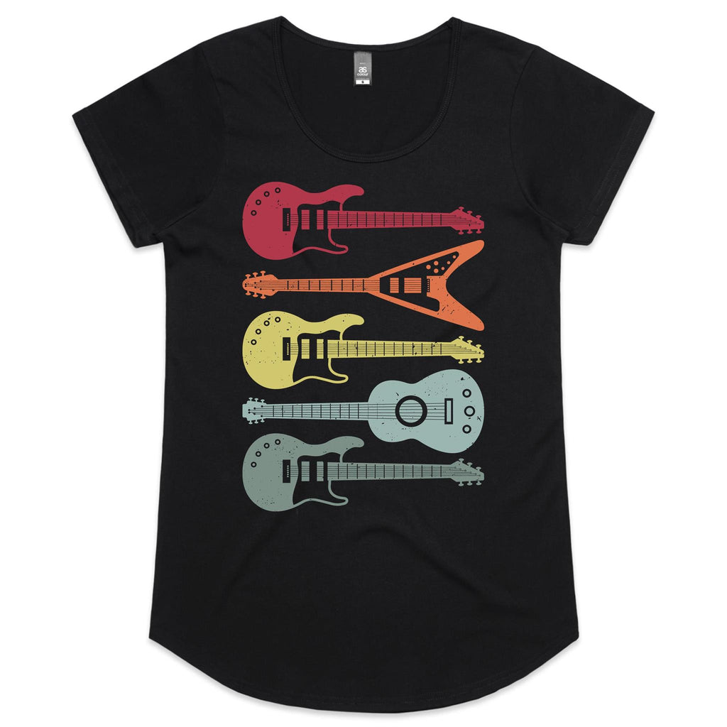 Retro Guitars - Womens Scoop Neck T-Shirt Black Womens Scoop Neck T-shirt Music Printed In Australia