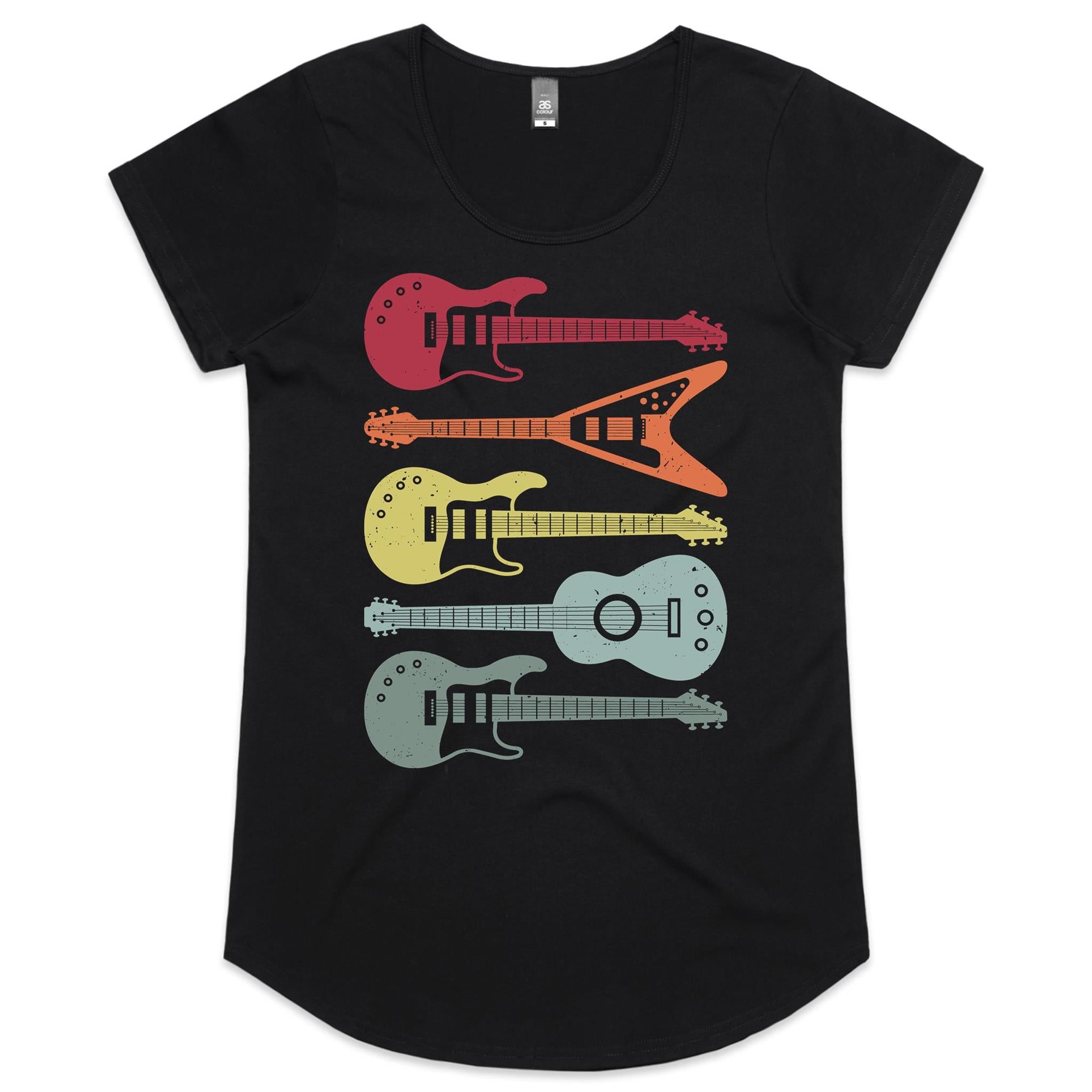 Retro Guitars - Womens Scoop Neck T-Shirt Black Womens Scoop Neck T-shirt Music Printed In Australia