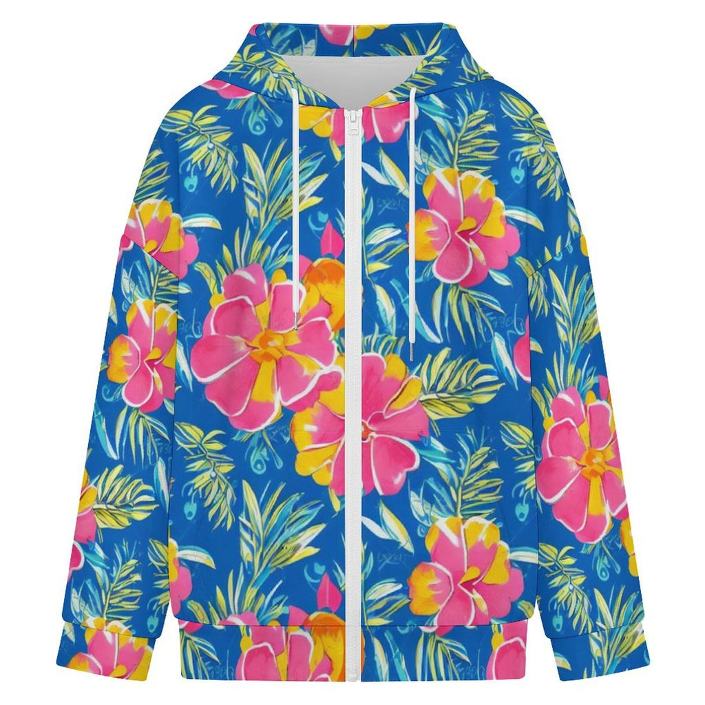 Blue And Pink Tropical Women's Full-Zip Hoodie