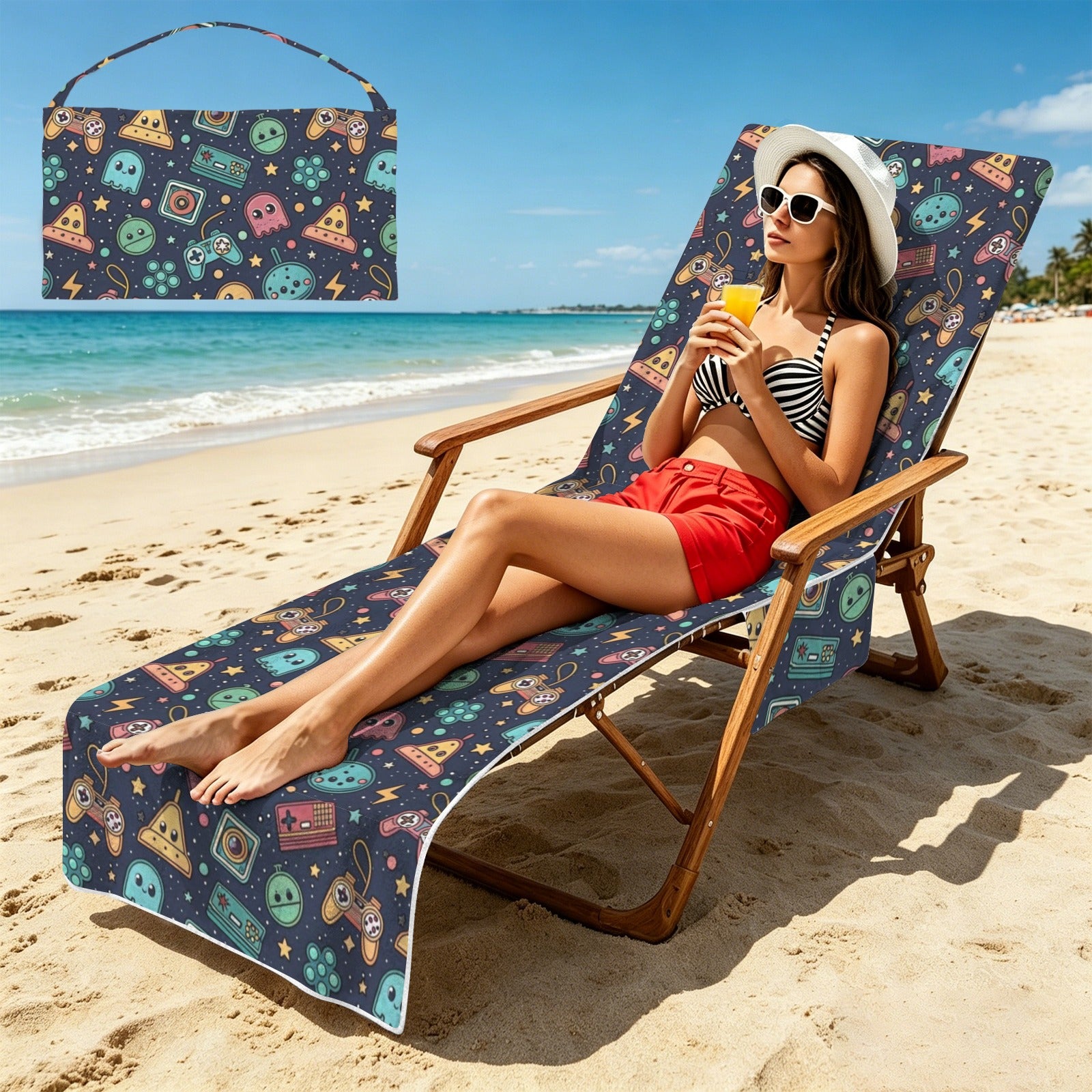 Video Game Beach Chair Towel Cover with Side Pockets