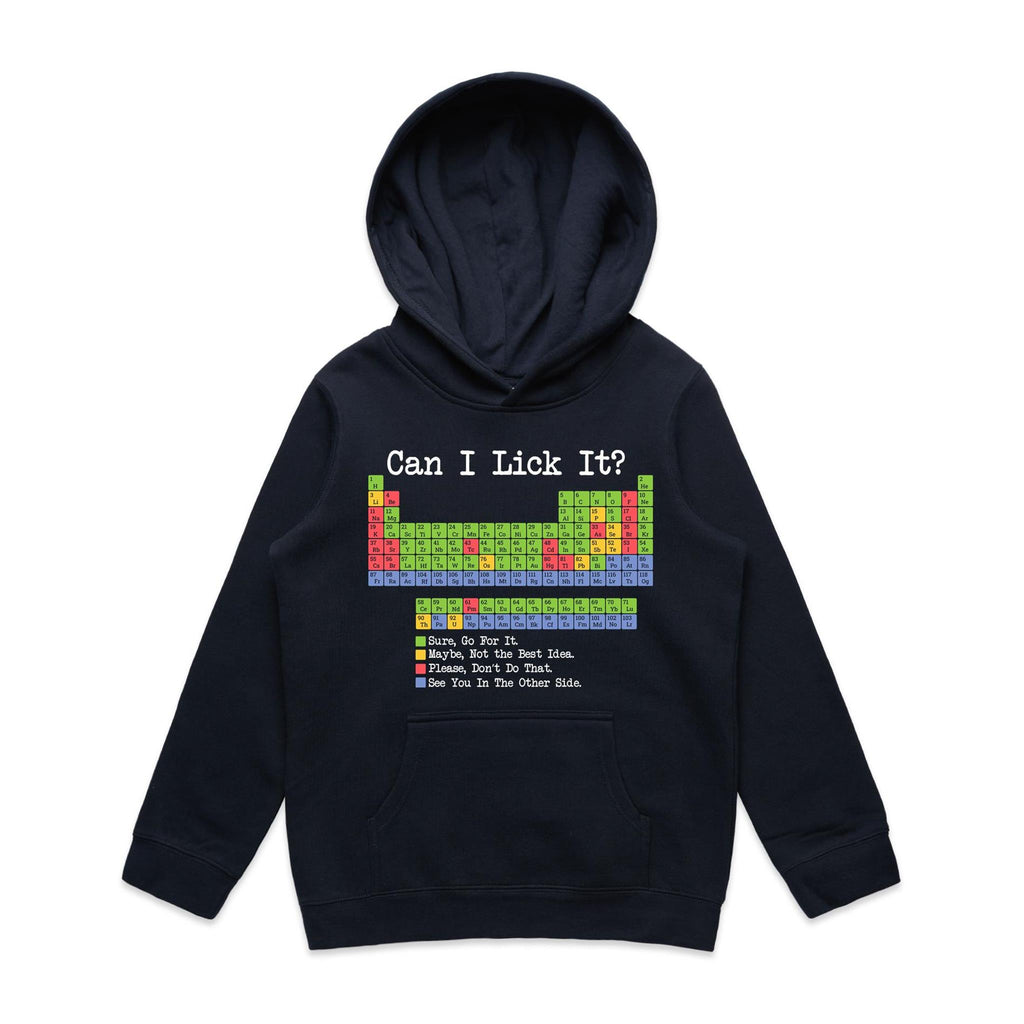 Periodic Table, Can I Lick It Kid's AS Colour Hoodie Navy Kids Hoodie Printed In Australia Science