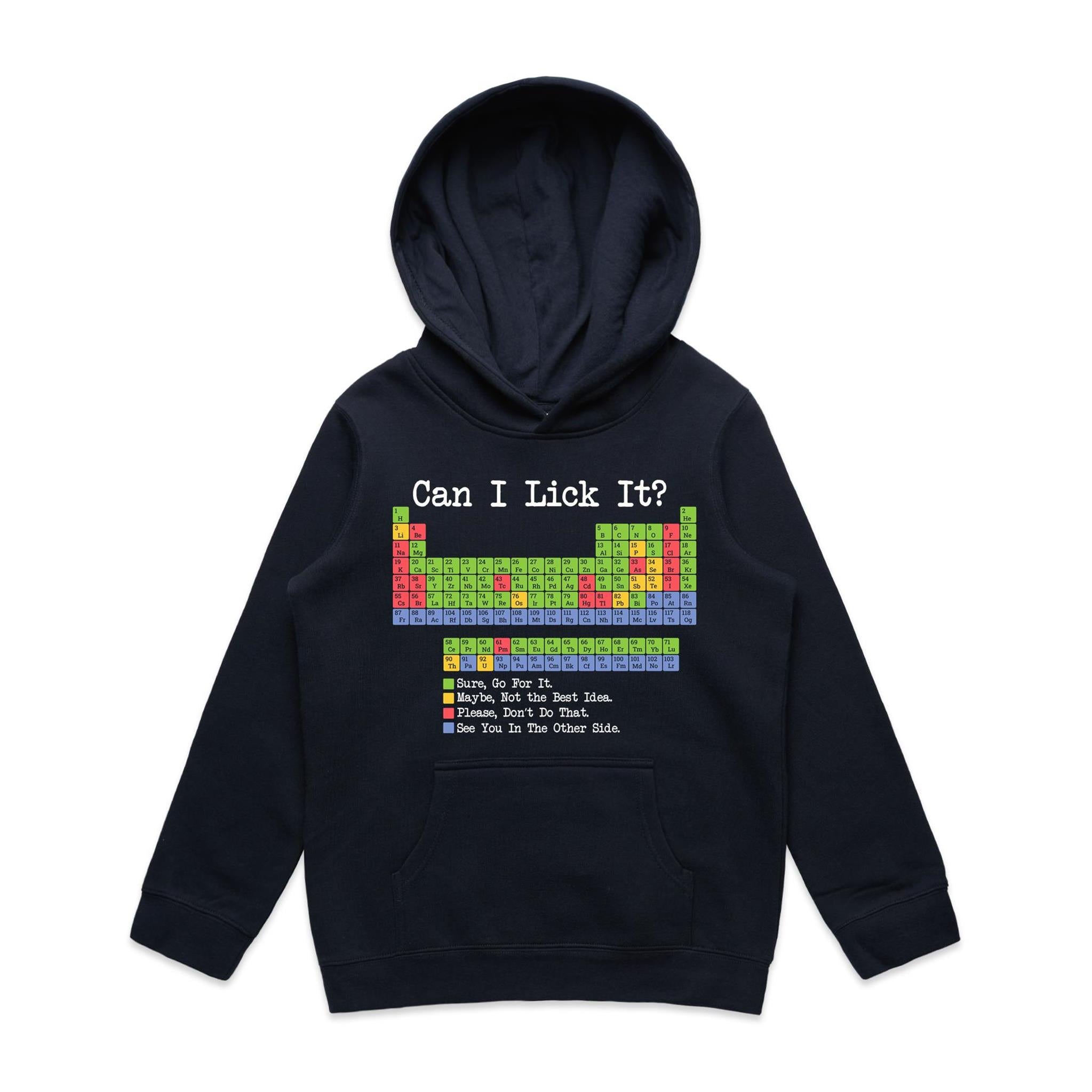 Periodic Table, Can I Lick It Kid's AS Colour Hoodie Navy Kids Hoodie Printed In Australia Science
