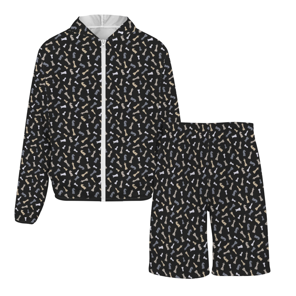 Chess Pattern Men's Lightweight Sun Hoodie & Shorts Set Men's Lightweight Sun Hoodie & Shorts Chess Games Printed Offshore
