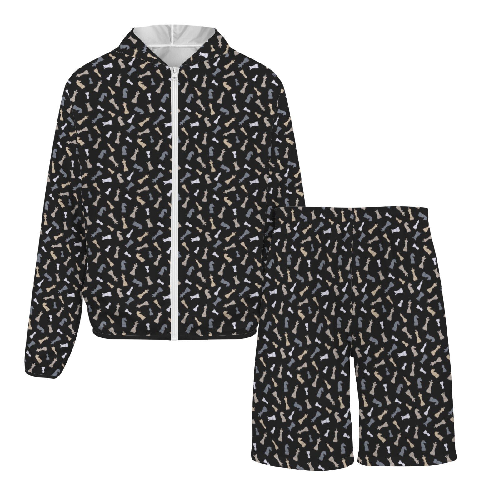 Chess Pattern Men's Lightweight Sun Hoodie & Shorts Set Men's Lightweight Sun Hoodie & Shorts Chess Games Printed Offshore