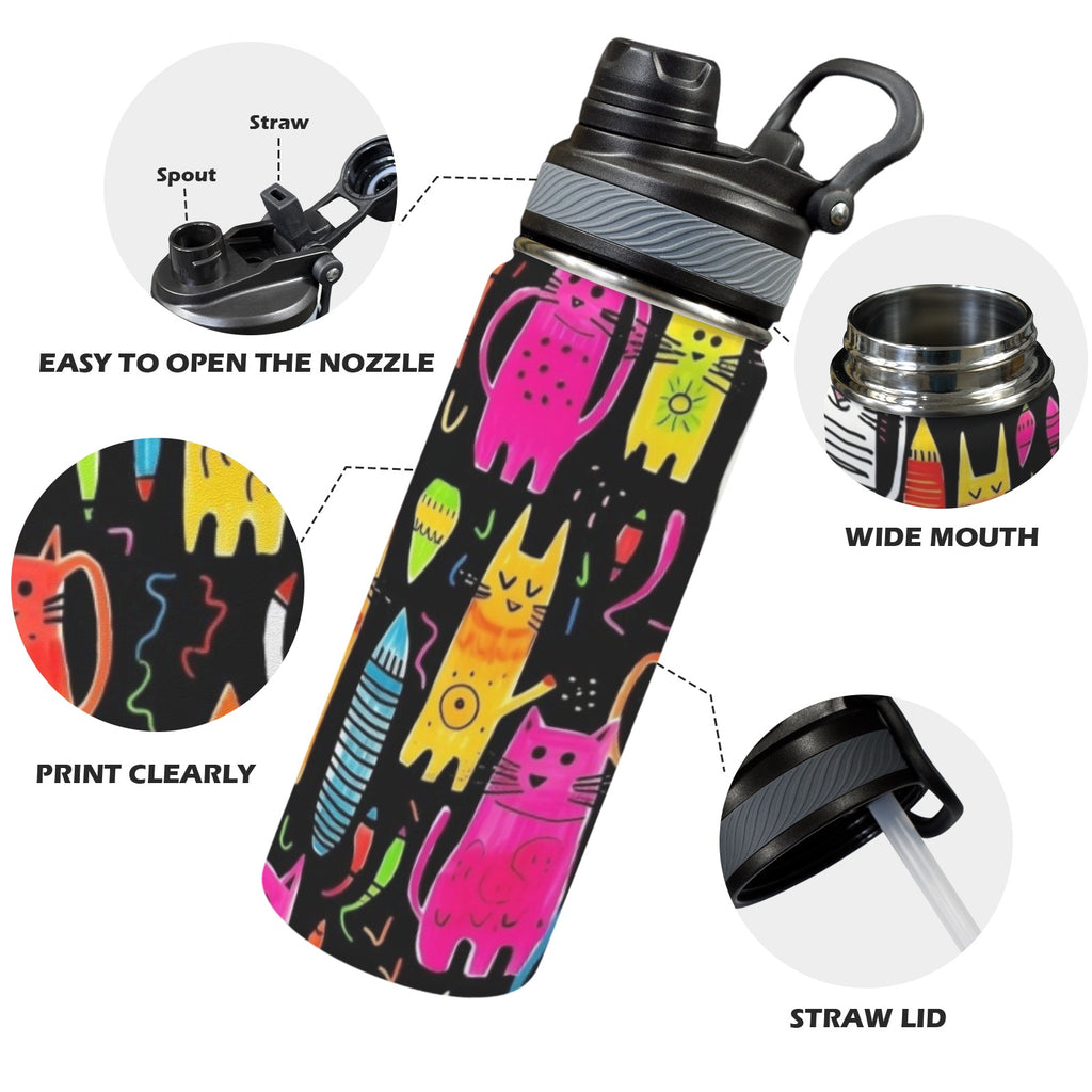 Colourful Cats - Insulated Water Bottle with Dual-Use Lid (18oz) Insulated Water Bottle with Dual-Use Lid (18oz) Printed Offshore