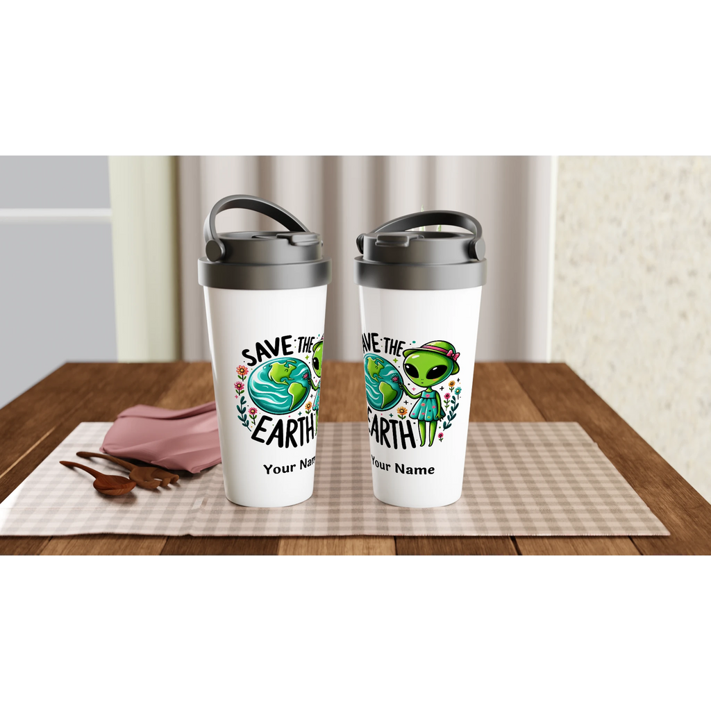 Personalised - Save The Earth, Alien - White 15oz Stainless Steel Travel Mug Personalised Travel Mug customise Environment Globally Fulfilled personalise Sci Fi