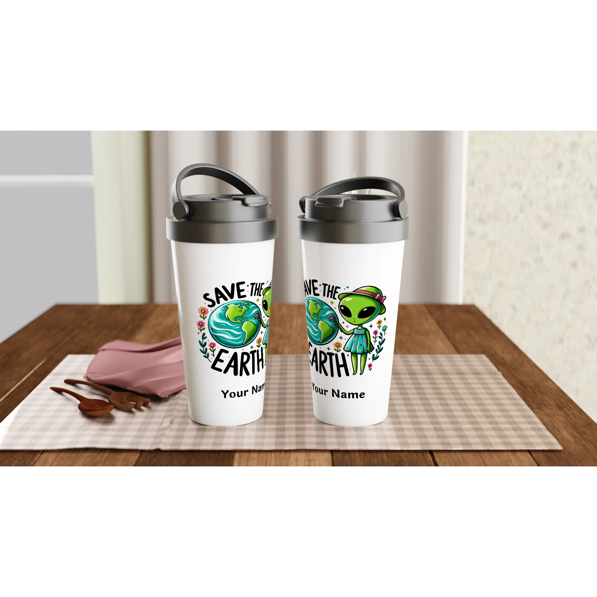 Personalised - Save The Earth, Alien - White 15oz Stainless Steel Travel Mug Personalised Travel Mug customise Environment Globally Fulfilled personalise Sci Fi