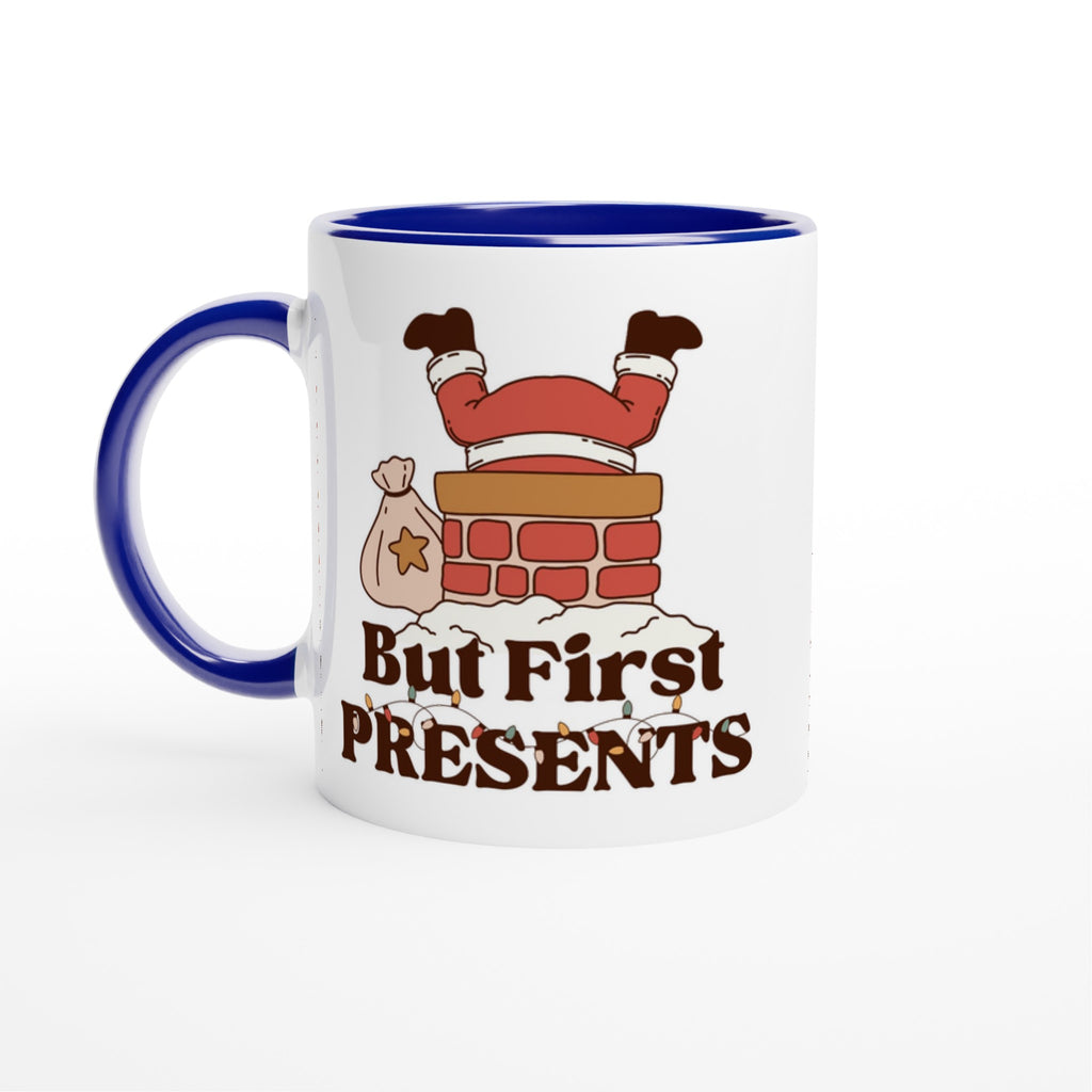 But First Presents, Santa In Chimney - 11oz Ceramic Mug Ceramic Blue Christmas Colour Mug Christmas Globally Fulfilled