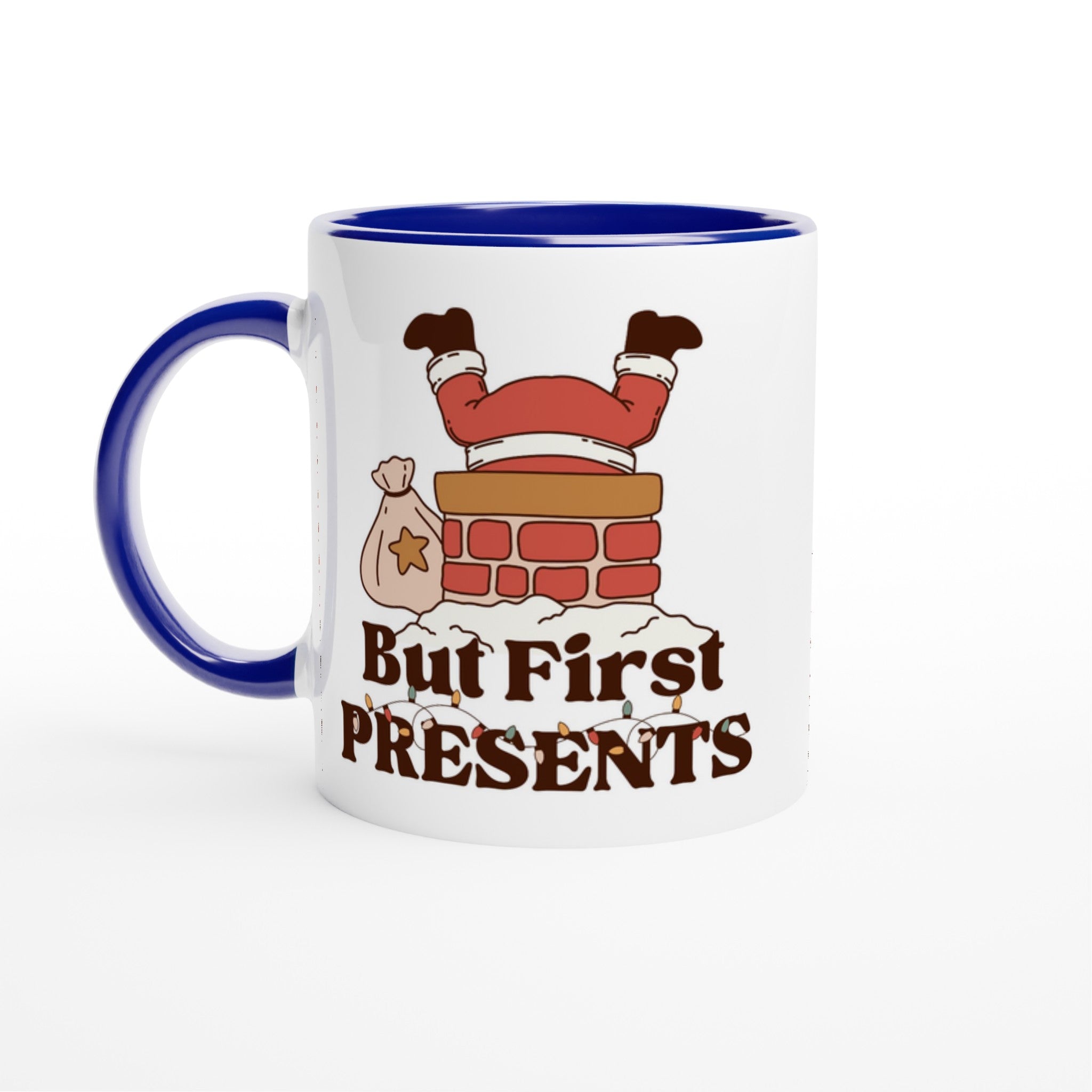But First Presents, Santa In Chimney - 11oz Ceramic Mug Ceramic Blue Christmas Colour Mug Christmas Globally Fulfilled