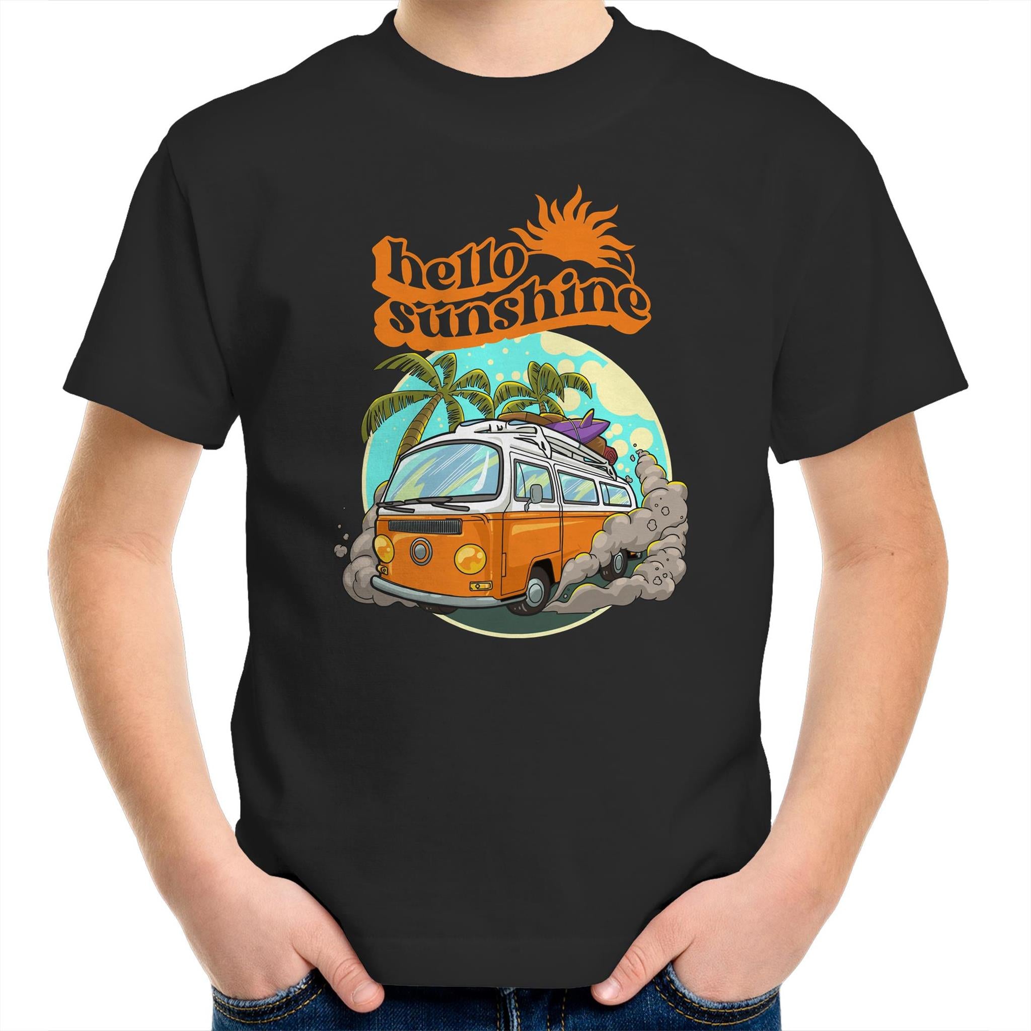 Hello Sunshine, Beach Van - Kids Youth T-Shirt Black Kids Youth T-shirt Printed In Australia Retro Summer Surf