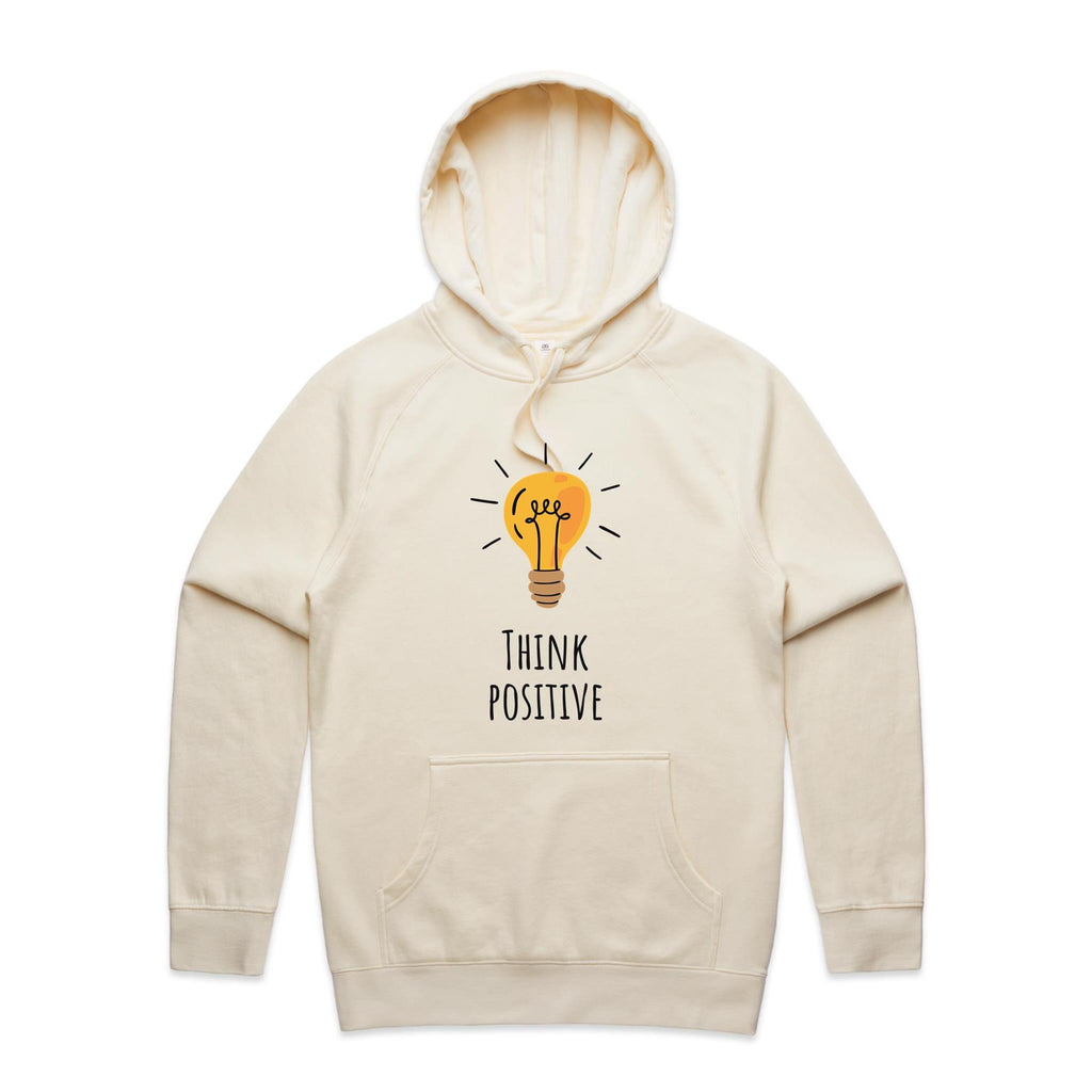 Think Positive, Light Bulb - Mens Hoodie Ecru Mens Hoodie Positivity Printed In Australia
