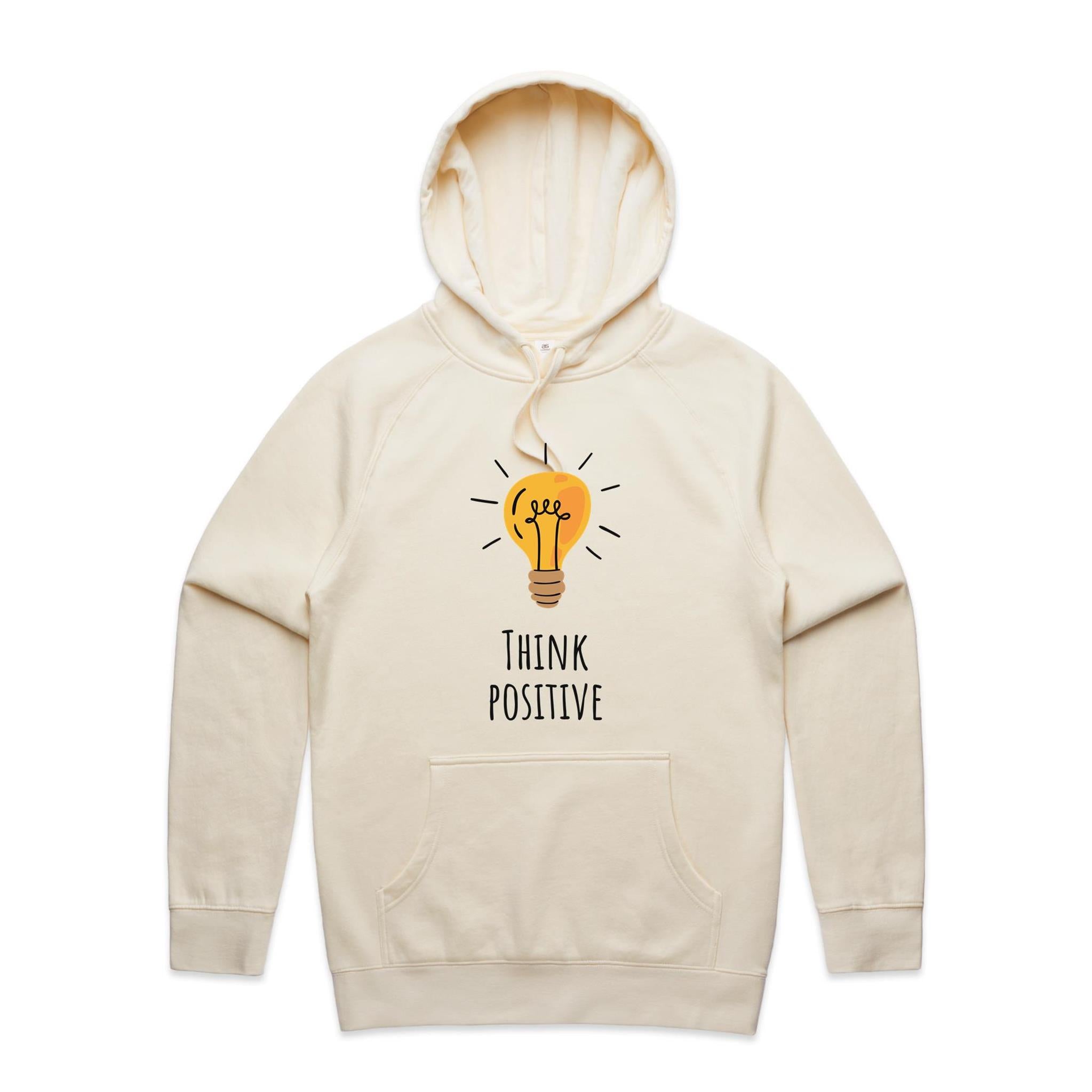Think Positive, Light Bulb - Mens Hoodie Ecru Mens Hoodie Positivity Printed In Australia