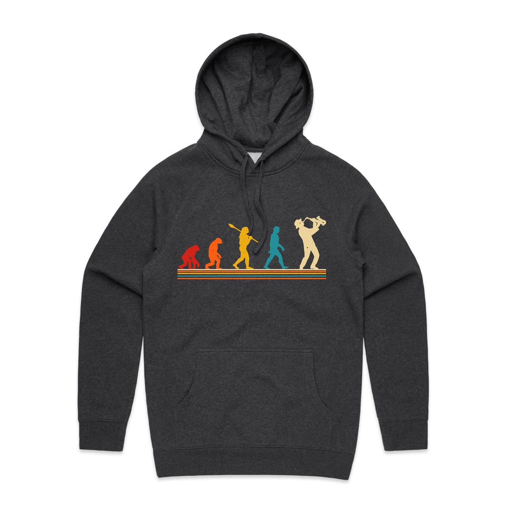 Saxophone Player Evolution - Mens Hoodie Asphalt Marle Mens Hoodie Music Printed In Australia