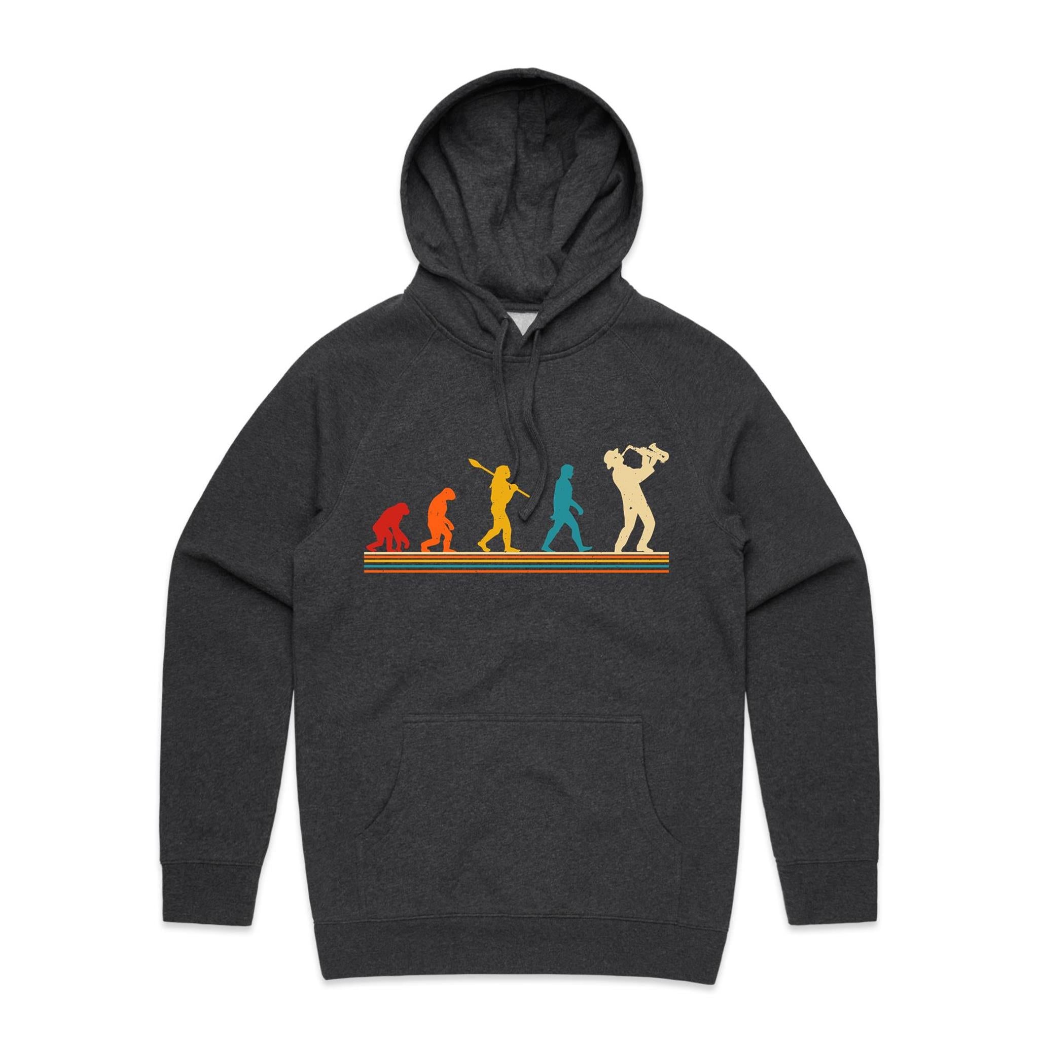 Saxophone Player Evolution - Mens Hoodie Asphalt Marle Mens Hoodie Music Printed In Australia