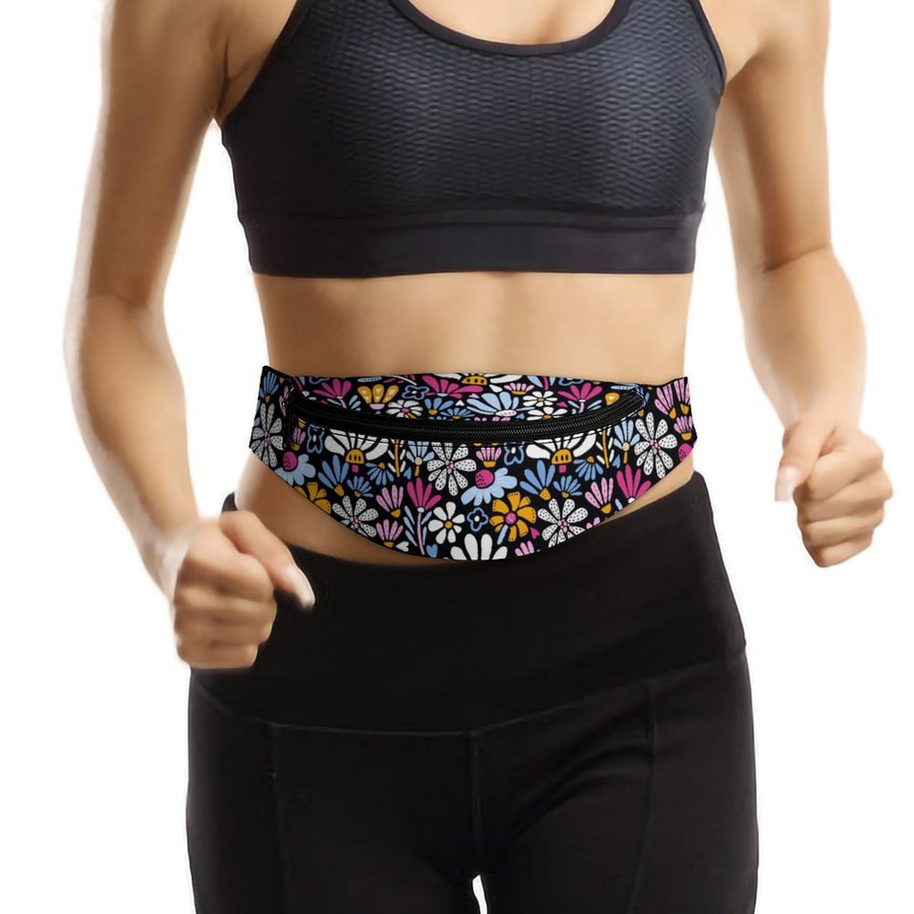 Graphic Flowers On Black - Bum Bag / Fanny Pack