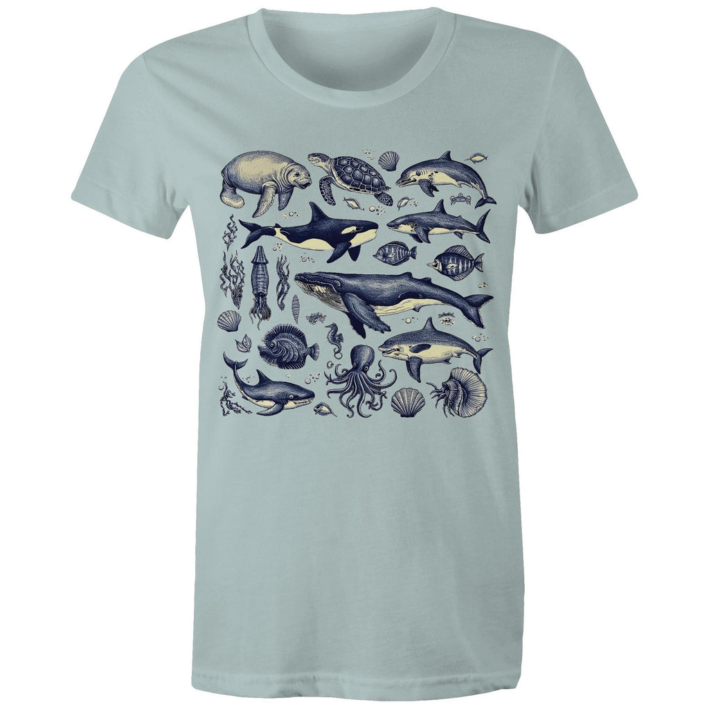 Sea Creatures - Womens T-shirt Pale Blue Womens T-shirt animal Printed In Australia