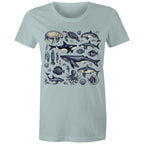 Sea Creatures - Womens T-shirt Pale Blue Womens T-shirt animal Printed In Australia