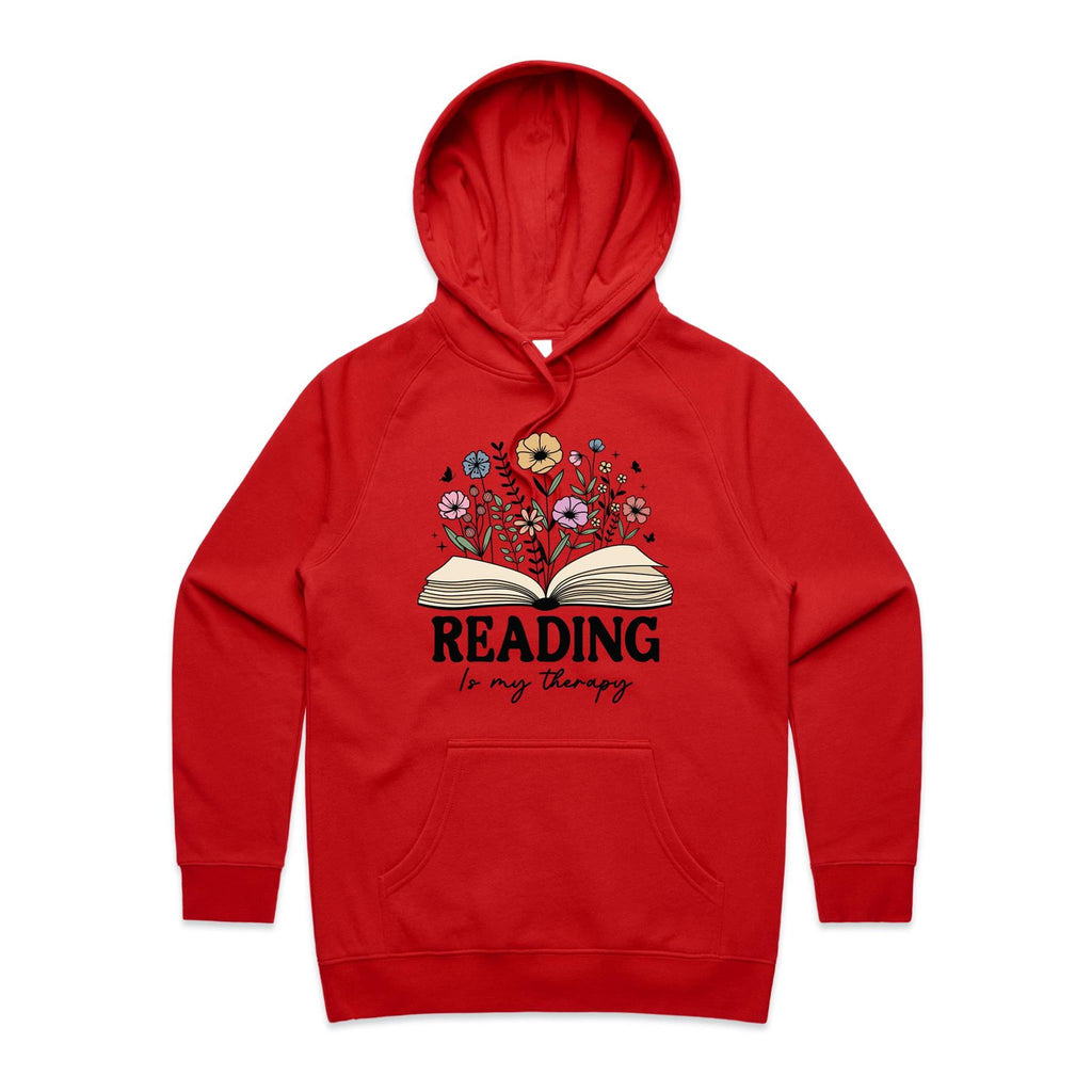 Reading Is My Therapy - Womens Hoodie Red Womens 2XL Womens Hoodie Printed In Australia Reading