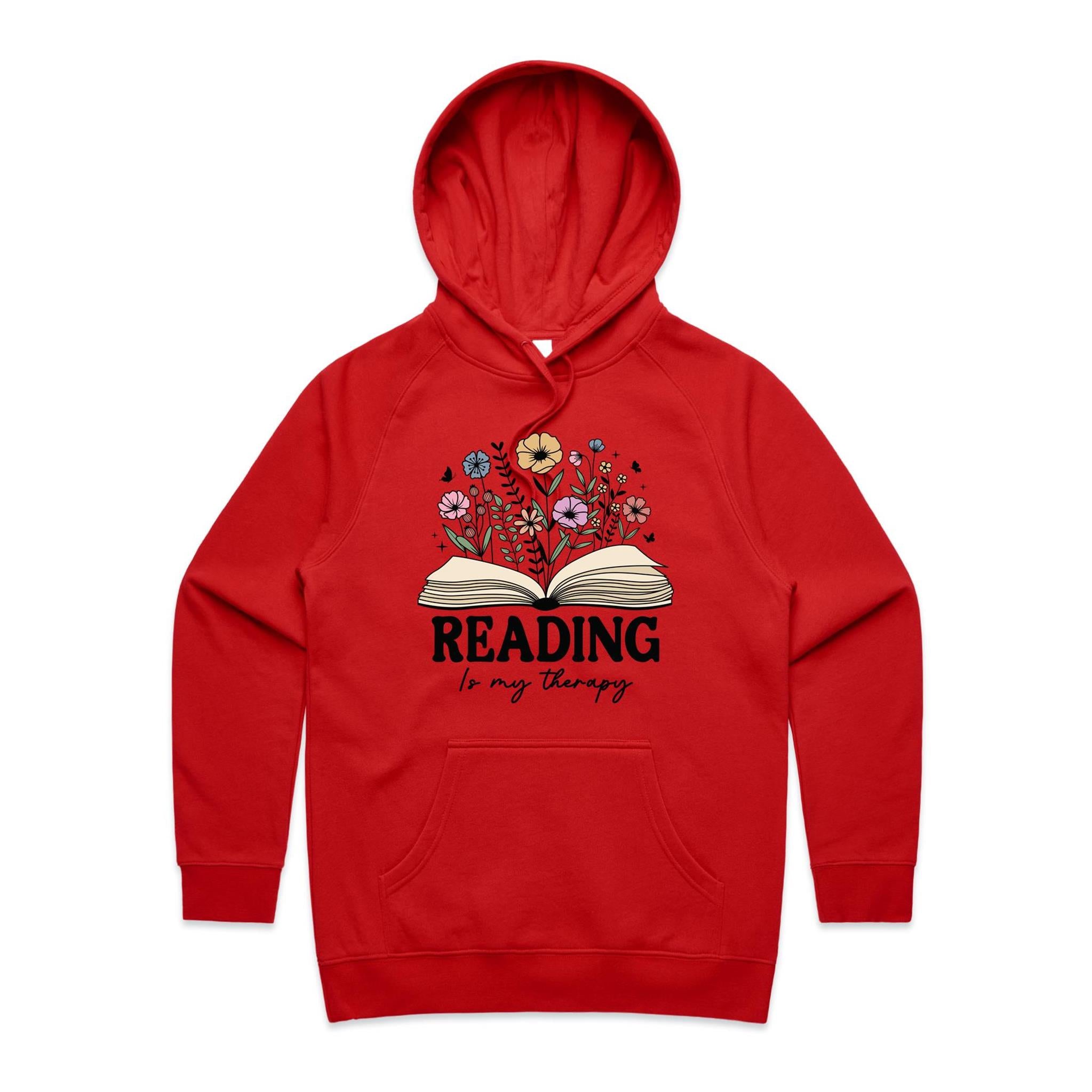 Reading Is My Therapy - Womens Hoodie Red Womens 2XL Womens Hoodie Printed In Australia Reading