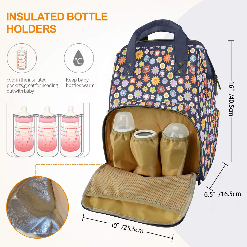 Groovy Flowers Multi-Function Backpack, Nappy / Diaper Bag Multi-function Backpack, Nappy / Diaper Bag Printed Offshore Retro