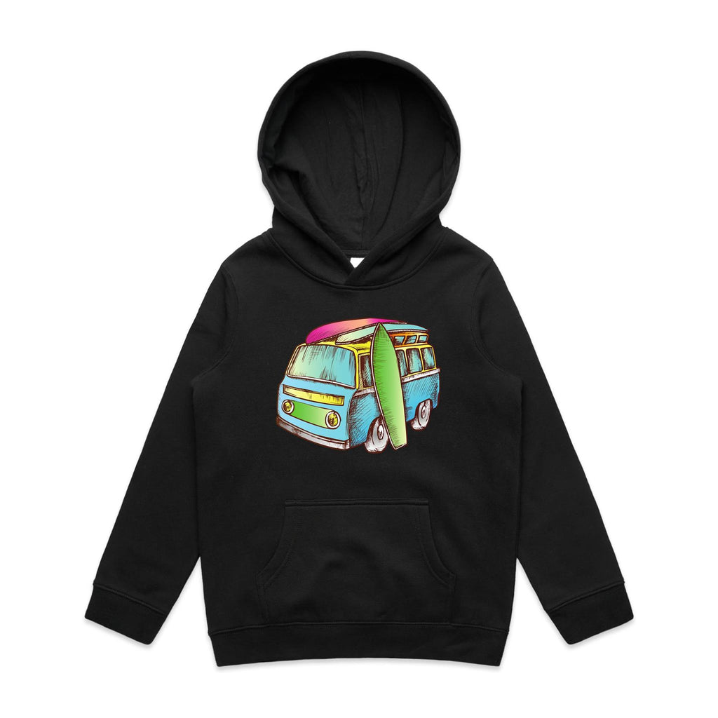 Surf Trip - Kids Hoodie Black Kids Hoodie Printed In Australia