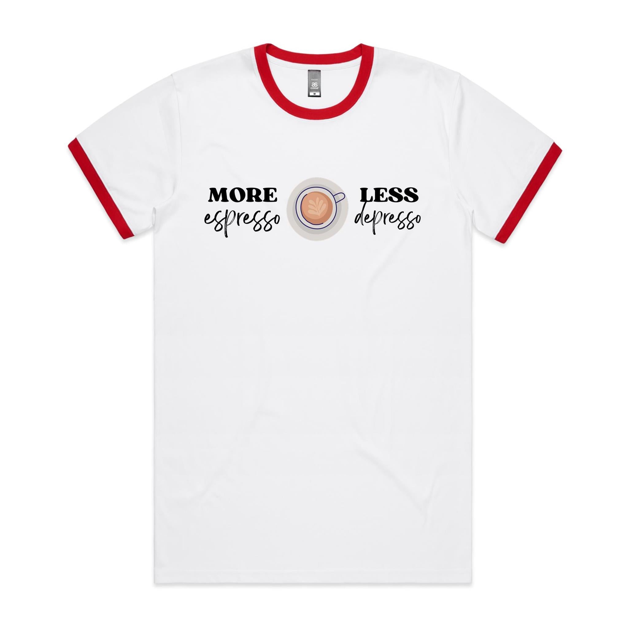 More Espresso, Less Depresso - Staple Ringer Tee White Red Ringer T-Shirt Coffee Printed In Australia