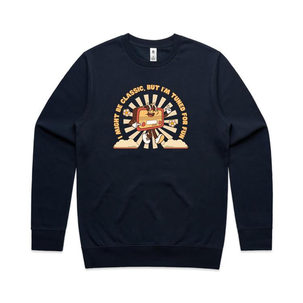 Classic Radio, Tuned For Fun - AS Colour Stencil Crew Sweatshirt Navy Sweatshirt Music Printed In Australia Retro