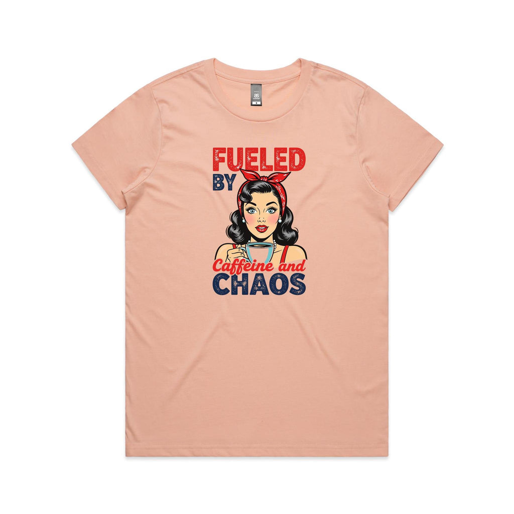 Fueled By Caffeine And Chaos, Retro Woman Women's AS Colour T-shirt Pale Pink Womens T-shirt Coffee Printed In Australia