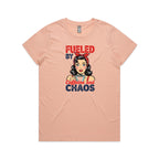 Fueled By Caffeine And Chaos, Retro Woman Women's AS Colour T-shirt Pale Pink Womens T-shirt Coffee Printed In Australia
