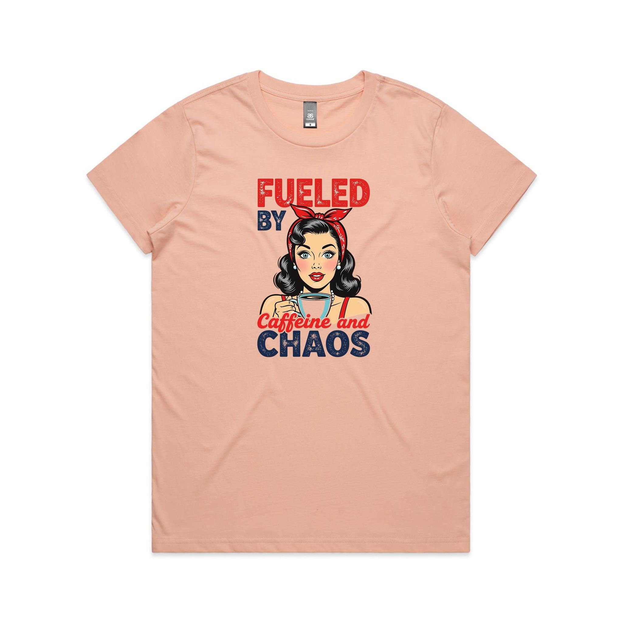 Fueled By Caffeine And Chaos, Retro Woman Women's AS Colour T-shirt Pale Pink Womens T-shirt Coffee Printed In Australia