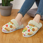 Food Love Women's Fur Trim Thick-Sole Indoor Slippers Women's Fur Trimmed Slippers Food Printed Offshore