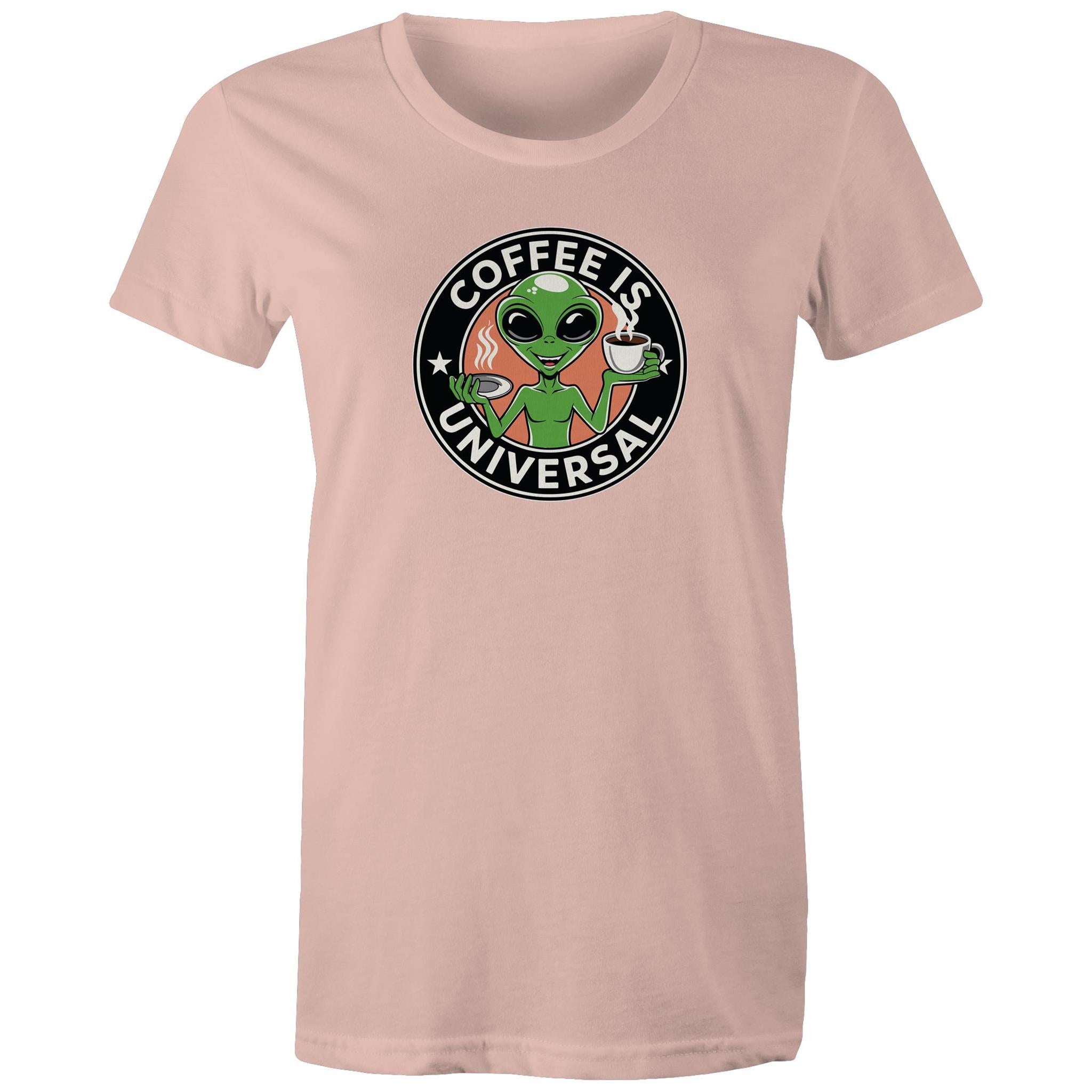 Coffee Is Universal, Alien - Womens T-shirt Pale Pink Womens T-shirt Coffee Printed In Australia Sci Fi