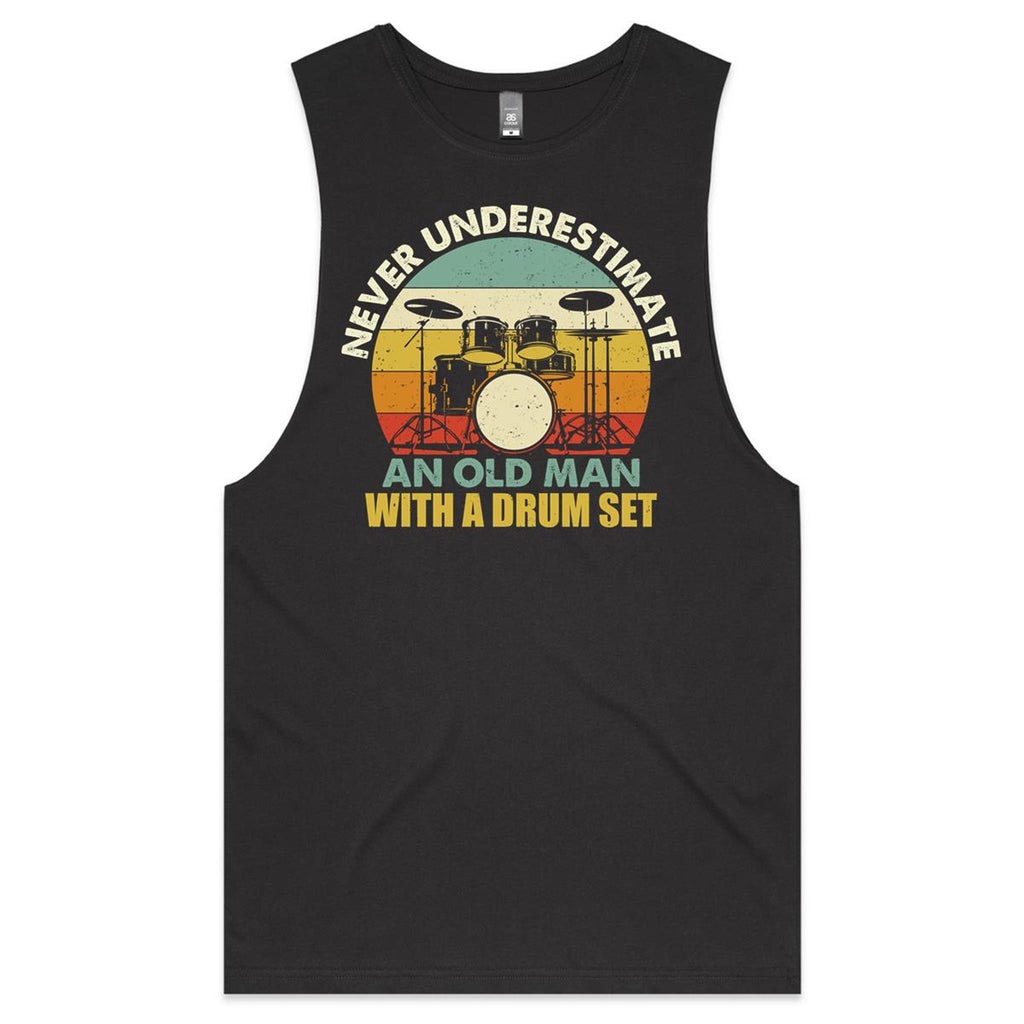 Never Underestimate An Old Man With A Drum Set Mens Men's AS Colour Drop Arm Tank Top Coal Drop Arm Tank Top Music Printed In Australia