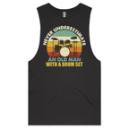 Never Underestimate An Old Man With A Drum Set Mens Men's AS Colour Drop Arm Tank Top Coal Drop Arm Tank Top Music Printed In Australia